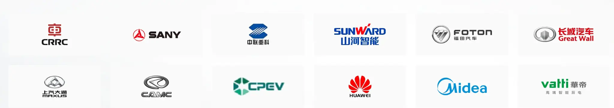 Trusted Partners: CRRC, SANY, Zoomlion, Sunward, Foton, Great Wall, SAIC Maxus, CAMC, CPEV, Huawei, Midea, Vatti